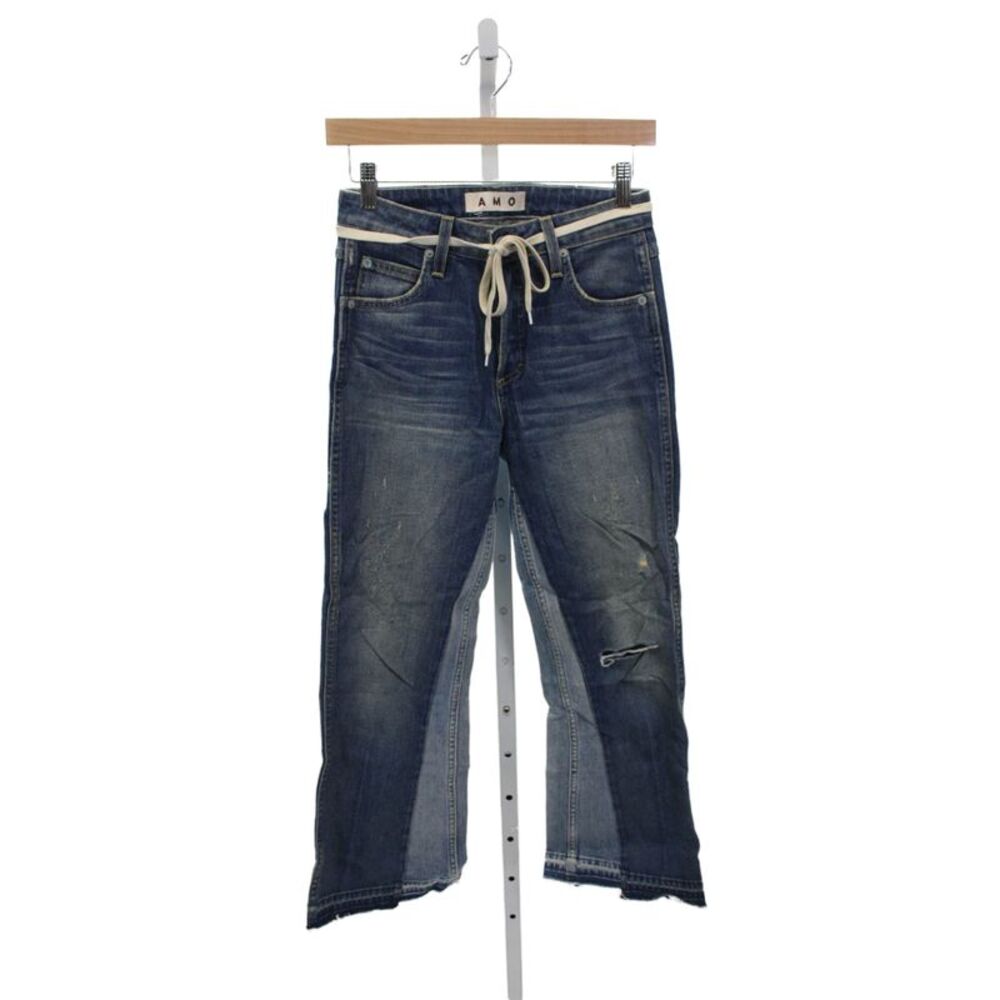 Amo Women Cropped Blue Jeans Cotton Mid Rise Drawstring Inseam 27 Size 26